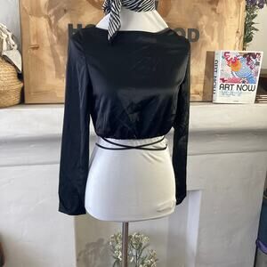 Nasty Gal  Black Long Sleeve Tie Waist Crop Blouse, New w/ Tags